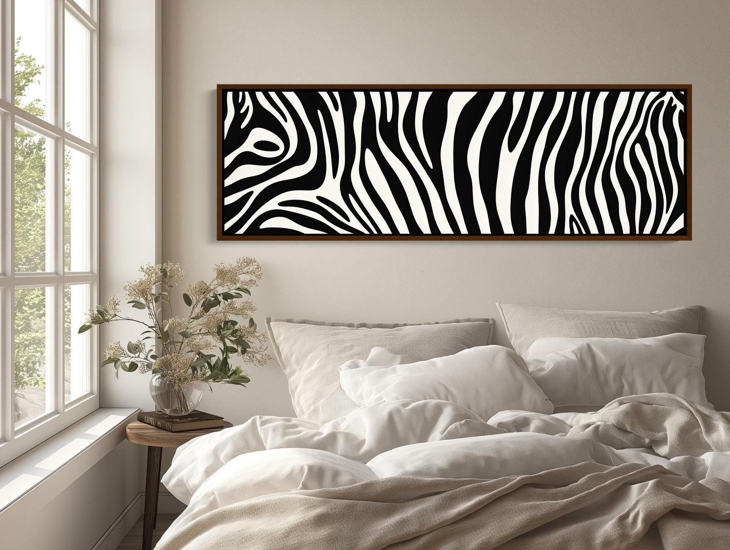 Zebra Stripe , Extra Large Black White canvas wall art shown above a bed