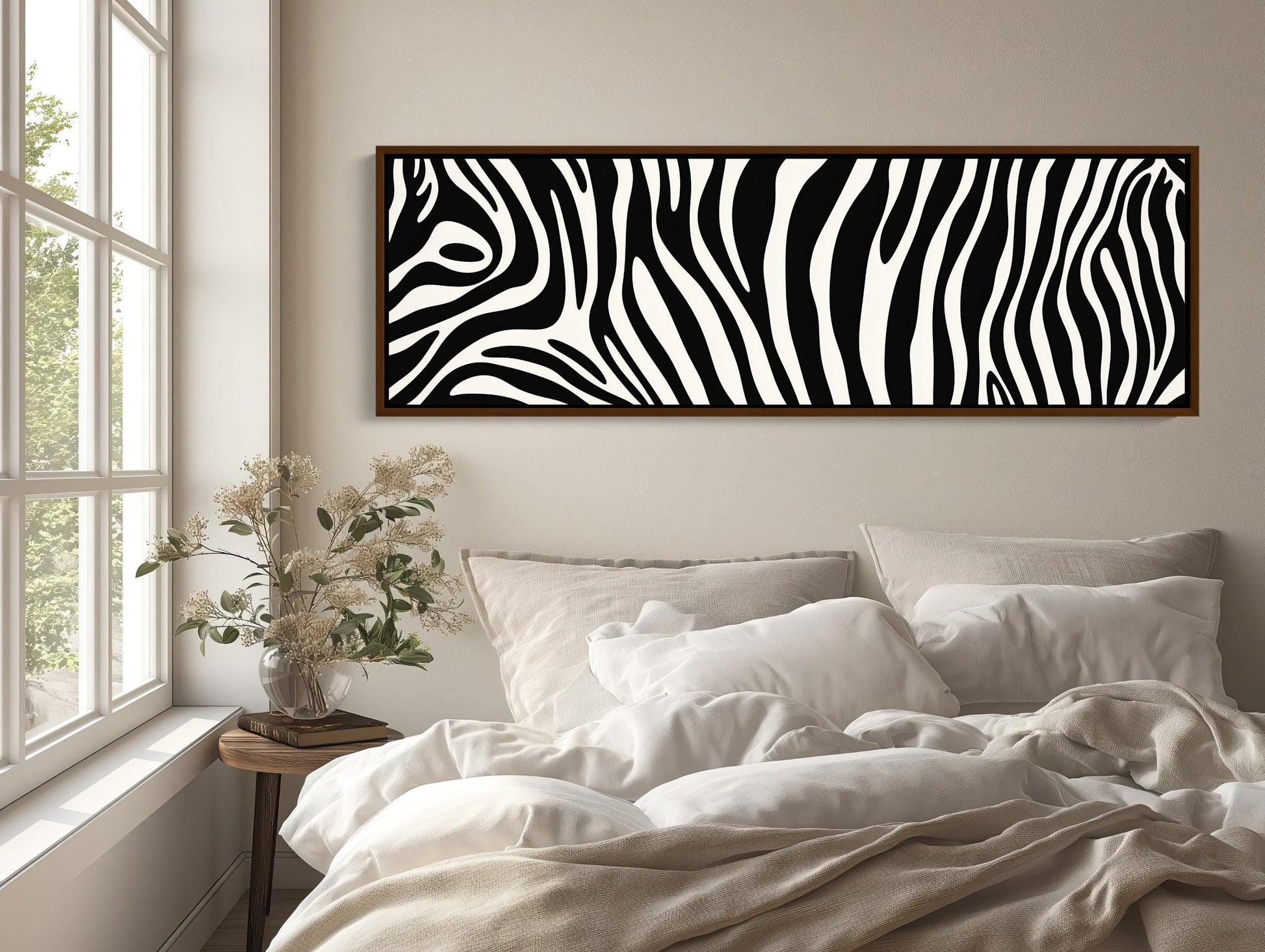 Zebra Stripe , Extra Large Black White canvas wall art shown above a bed