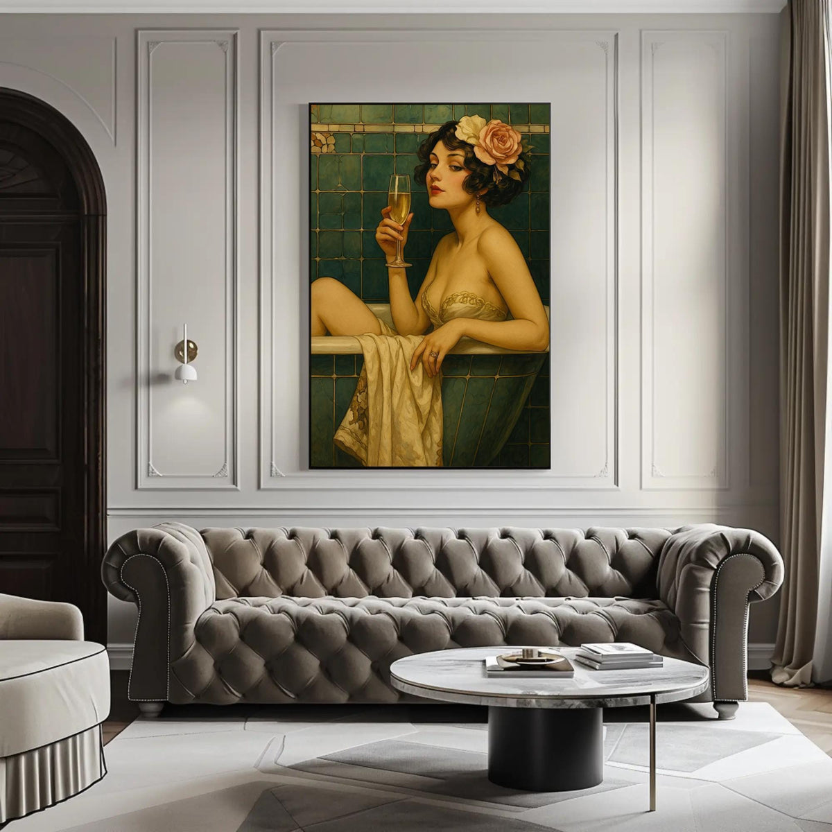 Vintage bathtub woman canvas wall art, living room with a couch and a painting on the wall