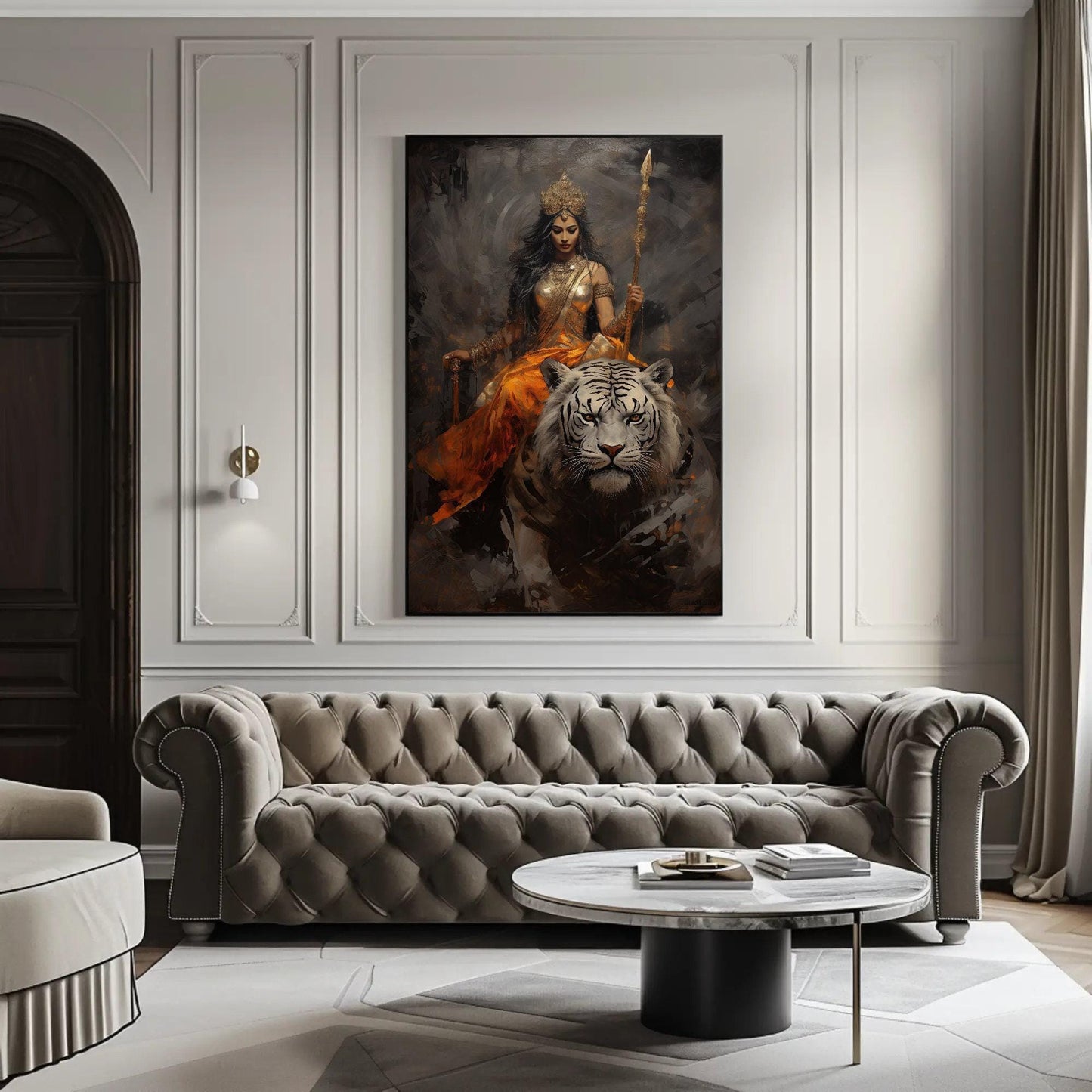 Goddess Durga , Hindu Warrior Mata canvas wall art shown in a living room (view 2)