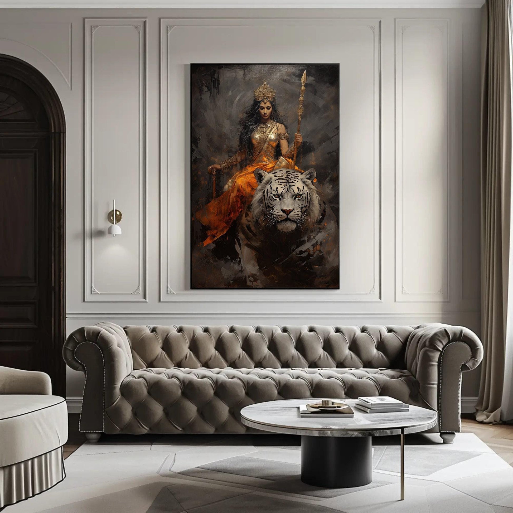 Goddess Durga , Hindu Warrior Mata canvas wall art shown in a living room (view 2)