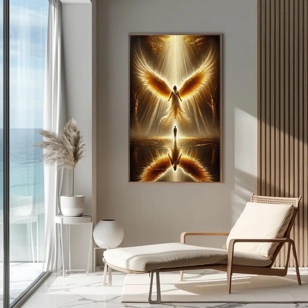 Golden Angel , Guardian Divine Protection canvas wall art shown in a living room (view 2)