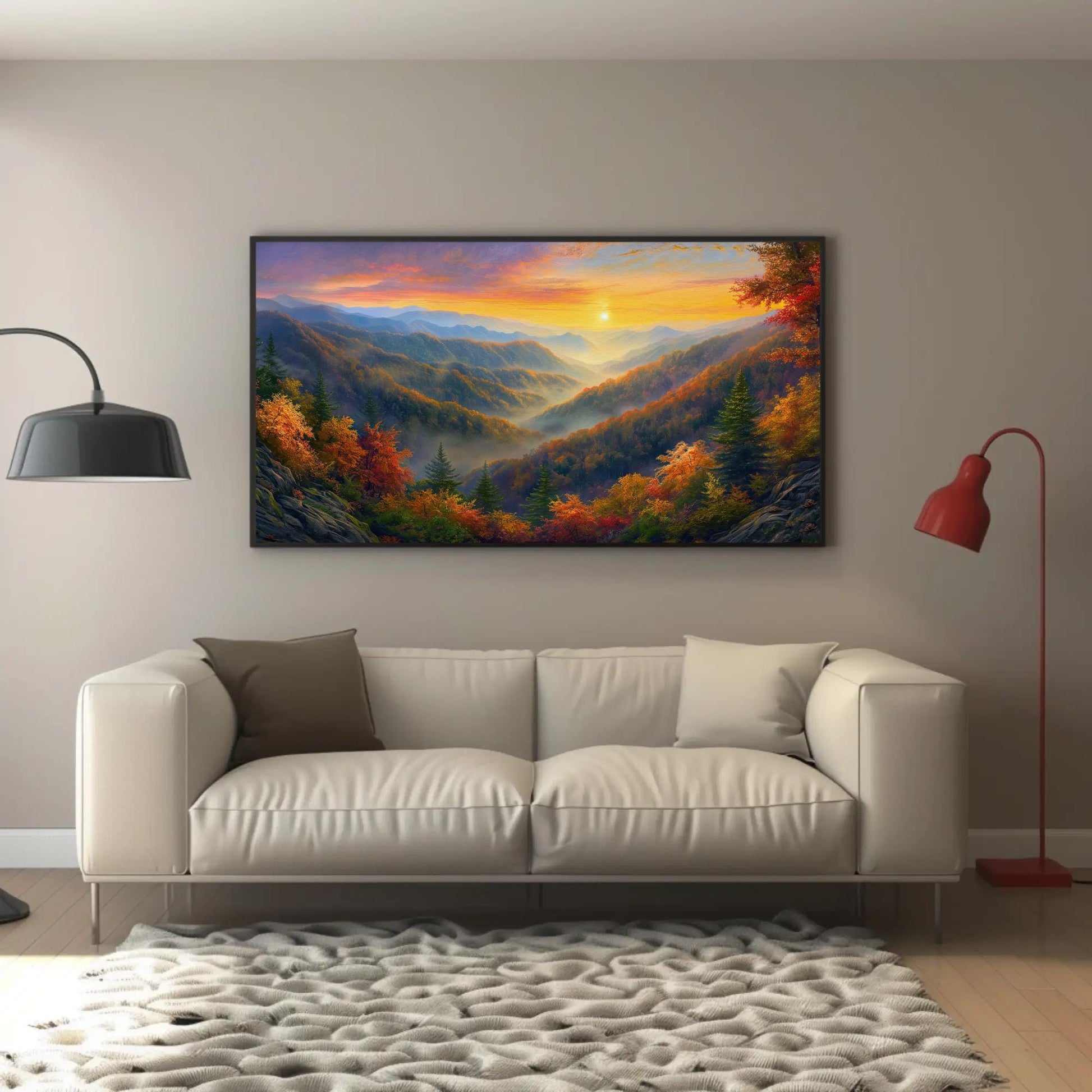 a living room with a couch and a painting on the wall