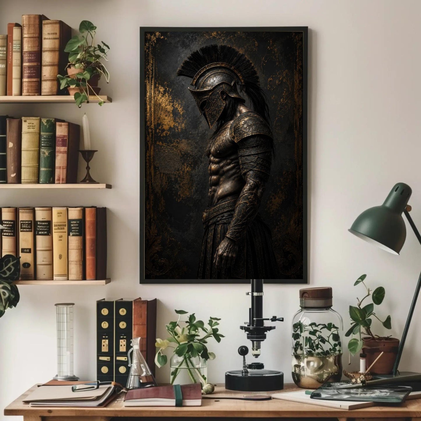 Spartan Hoplite canvas wall art shown above a desk