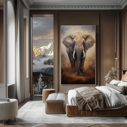 Elephant canvas wall art shown in a bedroom