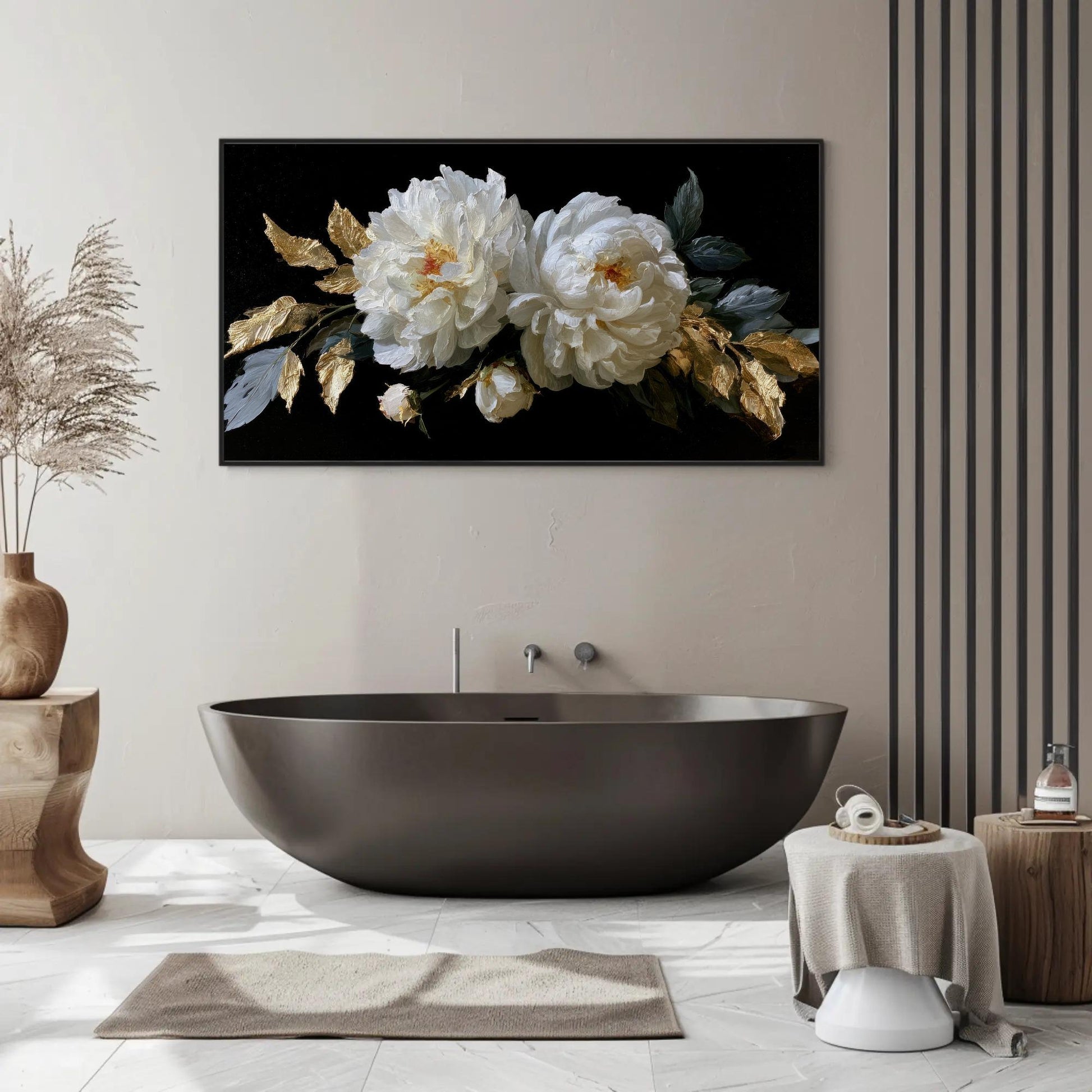 Baroque White Peony canvas wall art shown in a bathroom