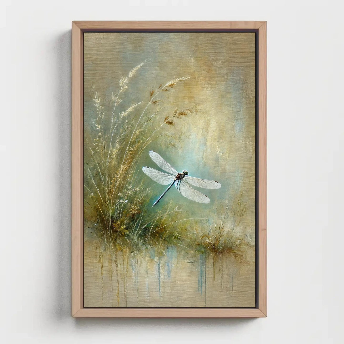 Dragonfly canvas wall art shown in a styled room