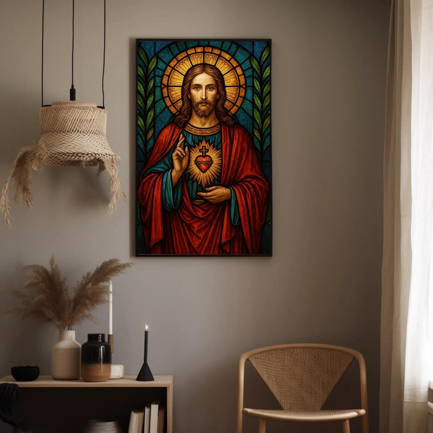Sacred Heart of Jesus Canvas Print, Catholic Stained Glass Wall Art