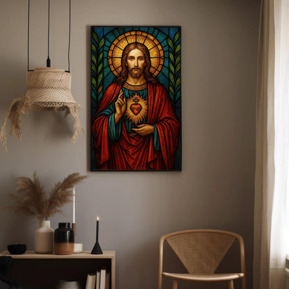 Sacred Heart of Jesus Canvas Print, Catholic Stained Glass Wall Art