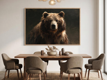 a large brown bear in a dark background, hanging on a wall above a wooden dining table with six chairs.