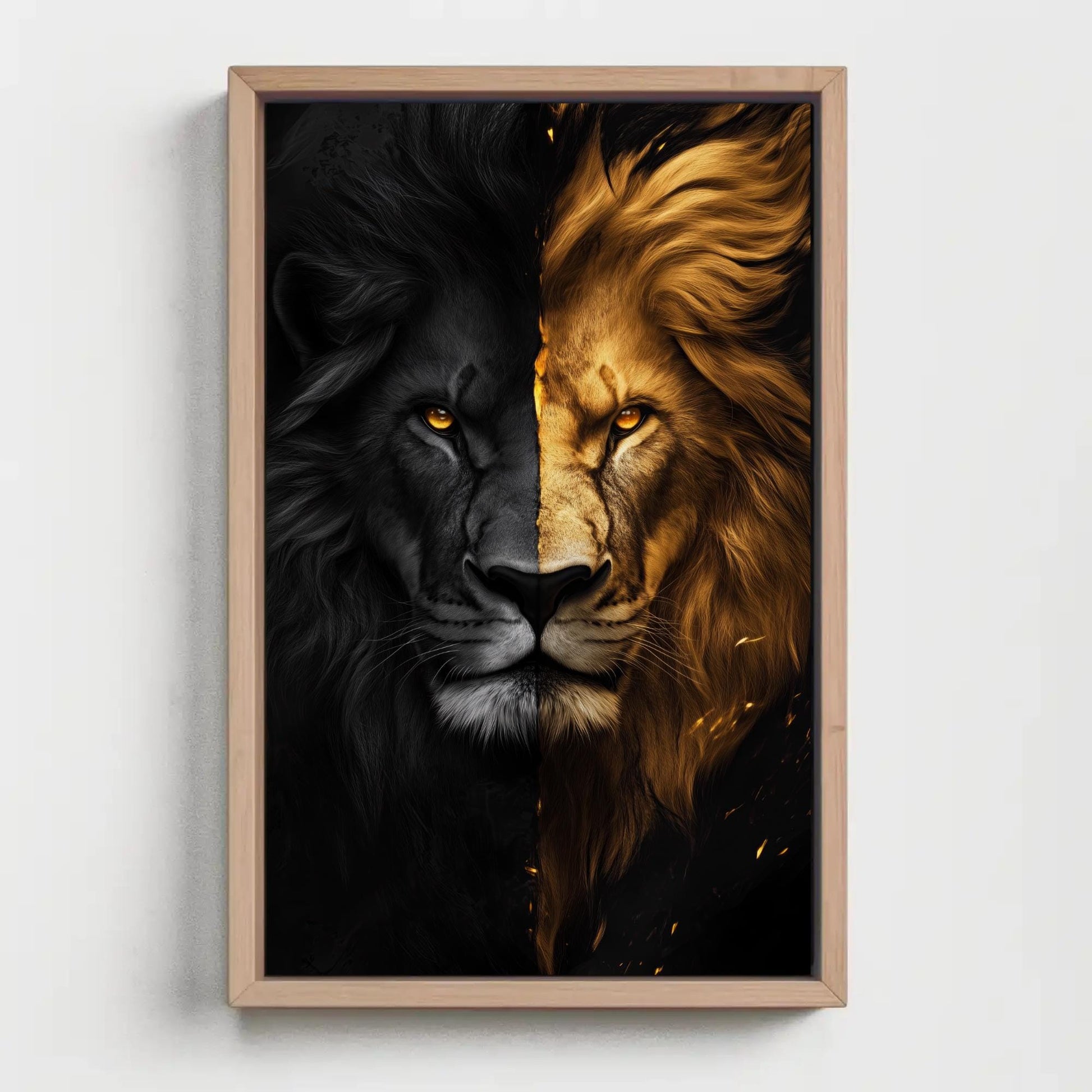 Black and Gold Lion canvas wall art shown in a styled room