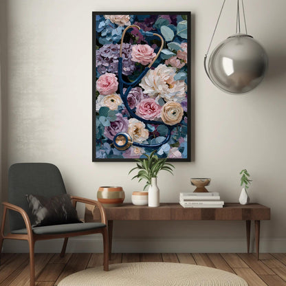 Stethoscope canvas wall art shown in a living room