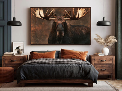 a large framed picture of a moose with large antlers hanging above a bed in a bedroom setting.