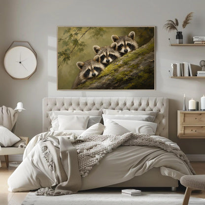 Three raccoons peeking canvas wall art, large painting of three raccoons peeking out from behind a tree branch, hanging on