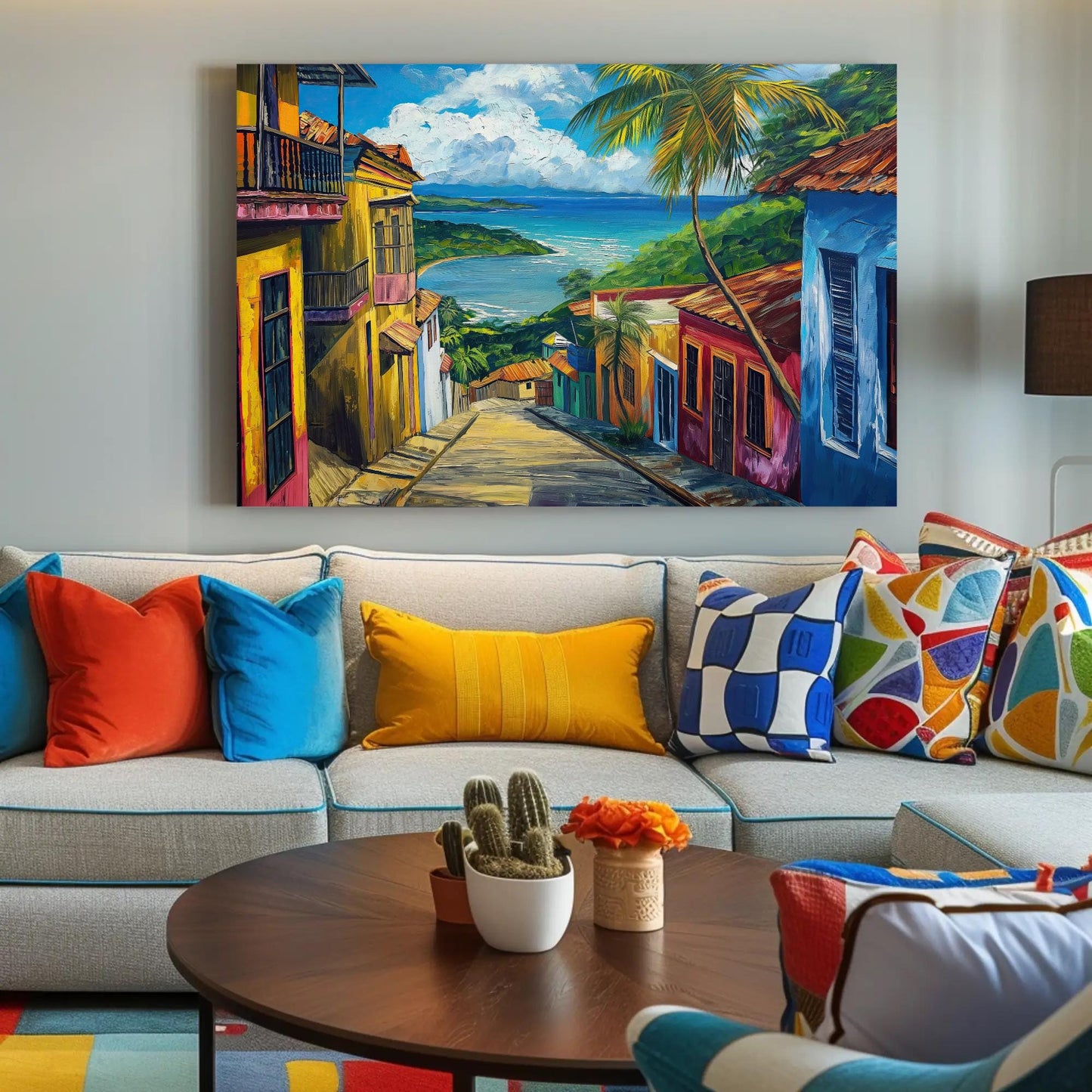 Old San Juan , Puerto Rico Wooden Frame canvas wall art shown in a living room (view 2)