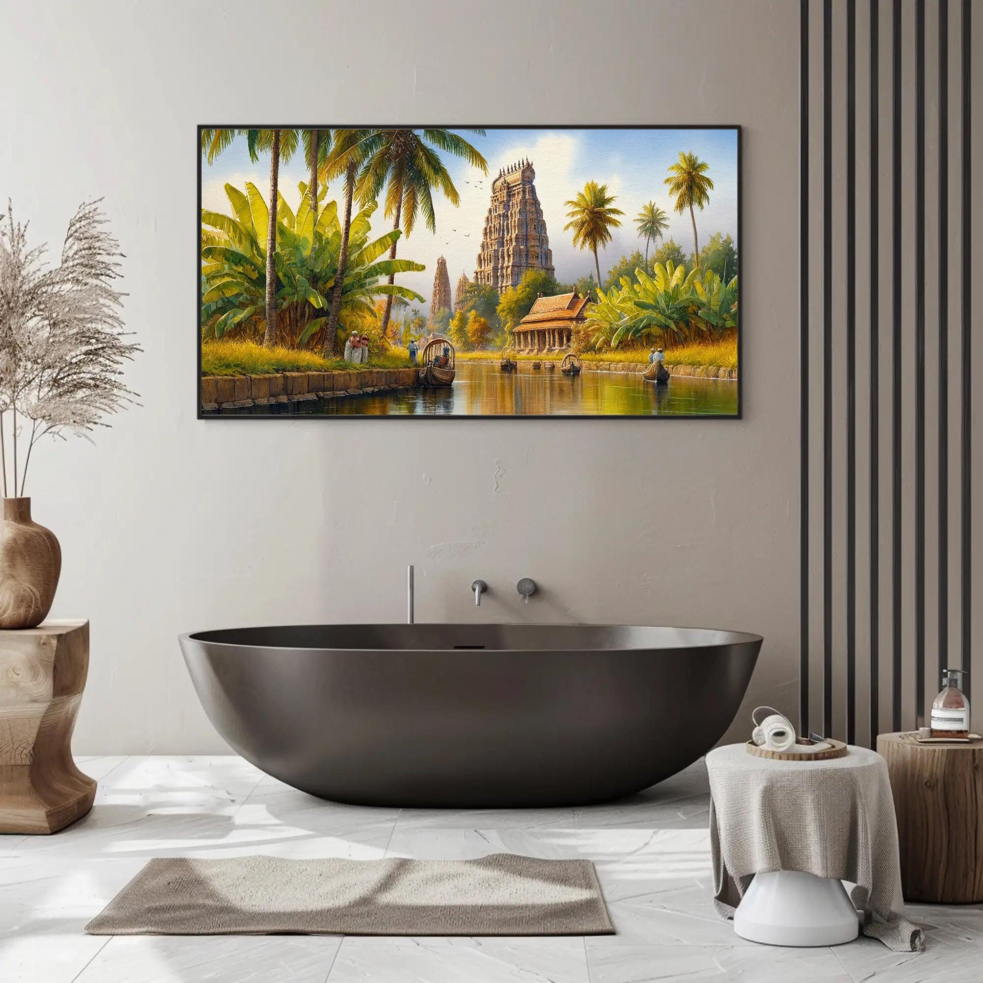 South India Backwaters , Kerala Temple canvas wall art shown in a bathroom