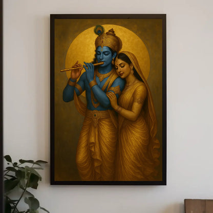 Radha Krishna Painting | Divine Love Hindu God Wall Art | Indian Spiritual Canvas Print | Blue and Gold Decor for Pooja Room Wall Art – Canvas Print