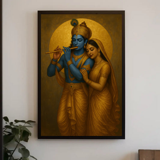 a painting of the Hindu deities, specifically the Hindu deities Krishna and Radha, in a golden frame.