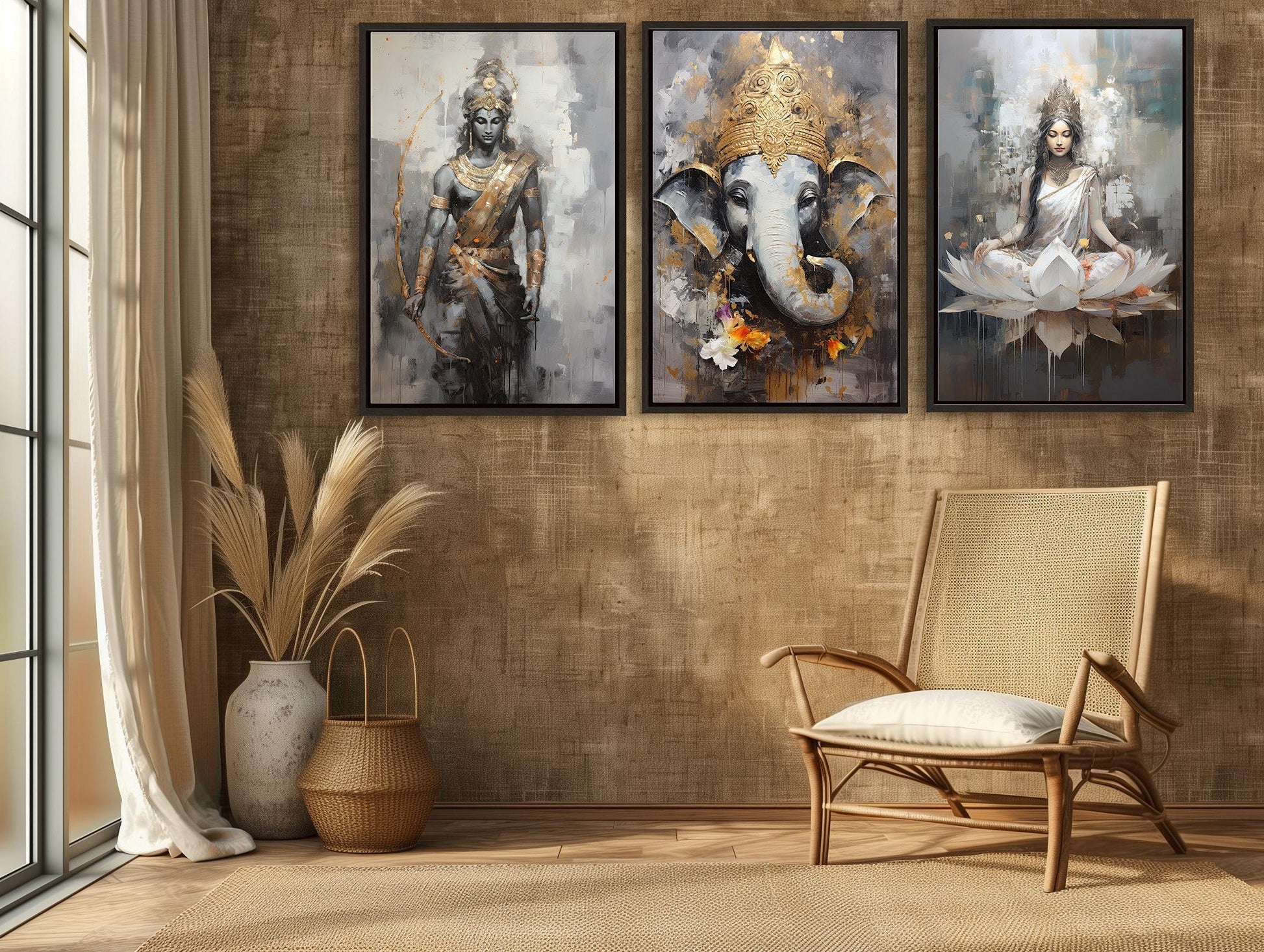 a chair sitting in front of two paintings on a wall