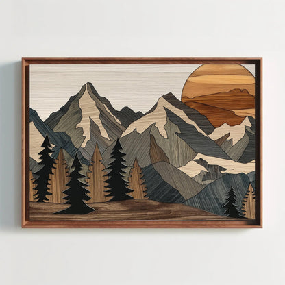 Wood effect mountains canvas wall art in a room setting