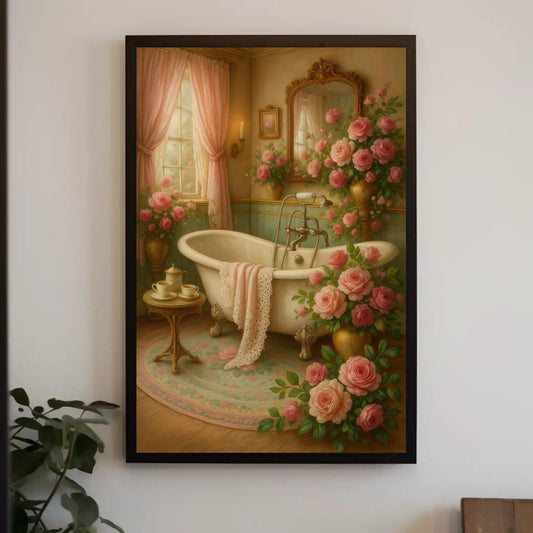 Vintage Floral Bath Canvas – Victorian Bathroom Art | Rose Wall Decor Print