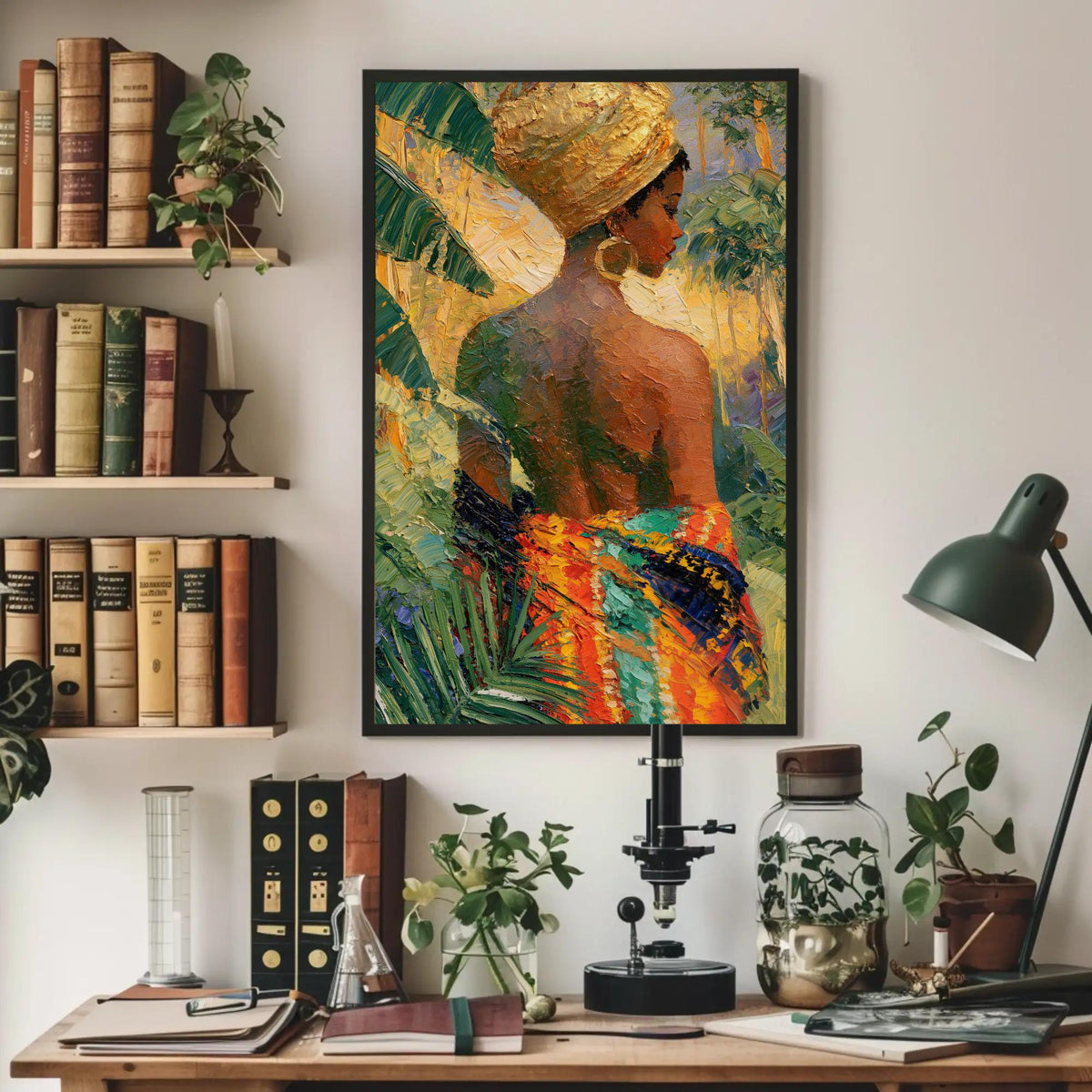 Caribbean woman in head wrap canvas wall art, vibrant painting of a woman with a colorful headdress, surrounded by lush