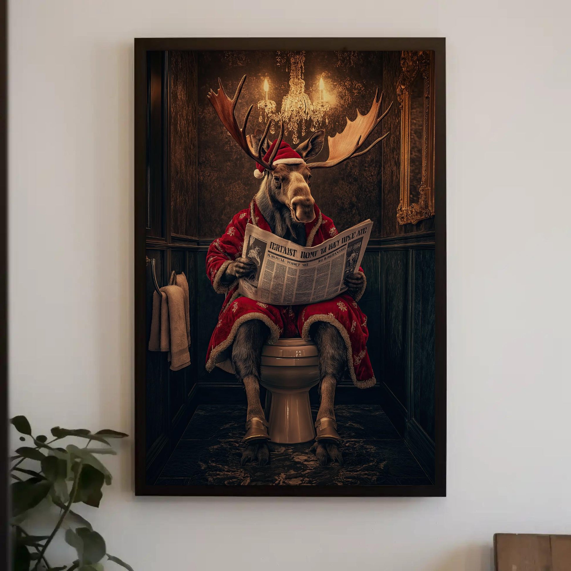 Funny Christmas Moose Art canvas wall art shown in a styled room