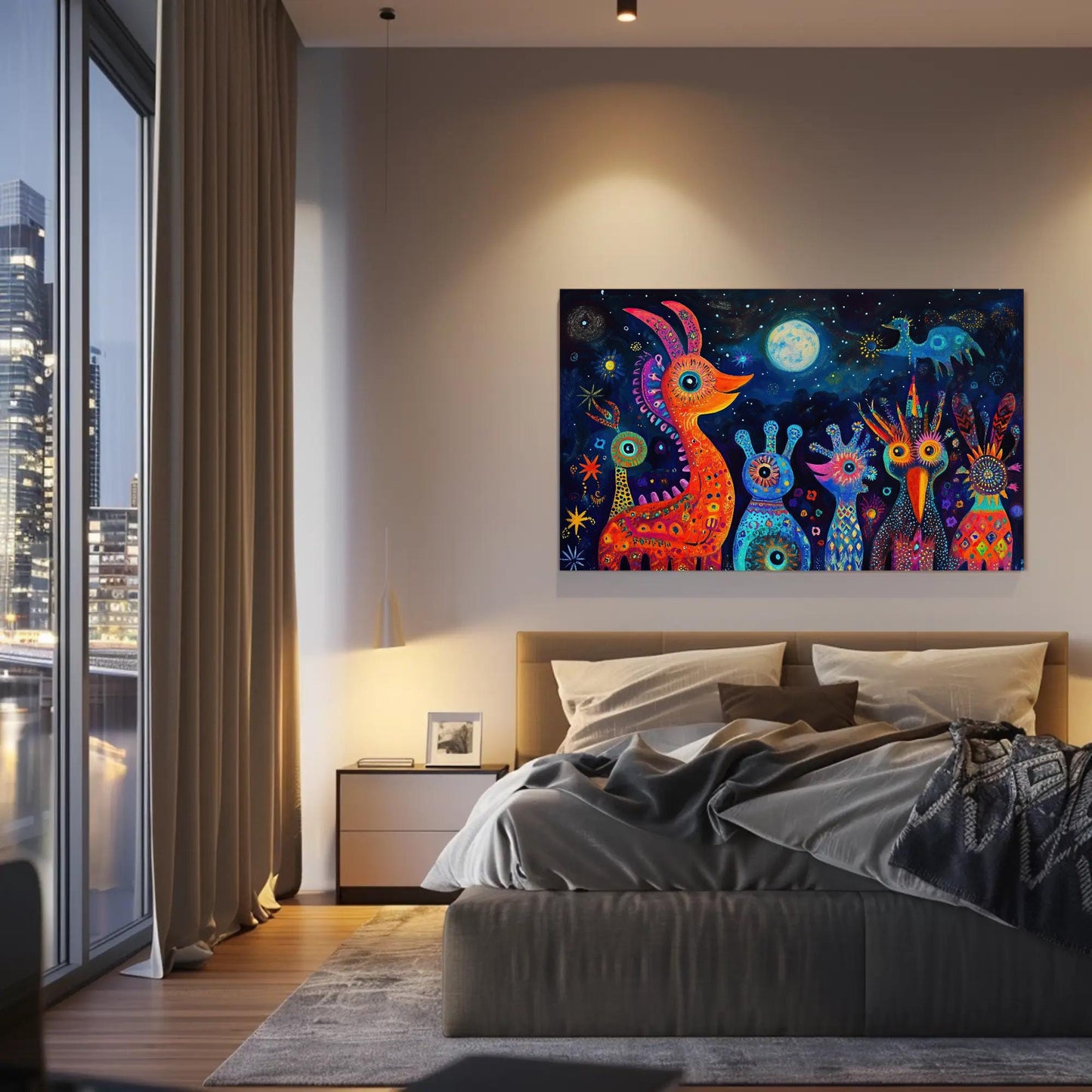 Oaxacan Alebrijes , Mexican Folk Art canvas wall art shown in a bedroom (view 2)