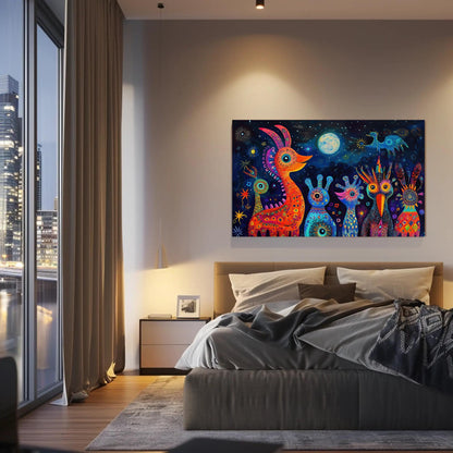 Oaxacan Alebrijes , Mexican Folk Art canvas wall art shown in a bedroom (view 2)