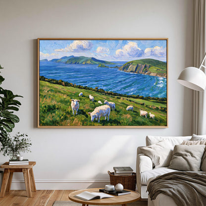 a pastoral scene with a group of sheep grazing on a grassy hill overlooking a body of water, with mountains in the background.