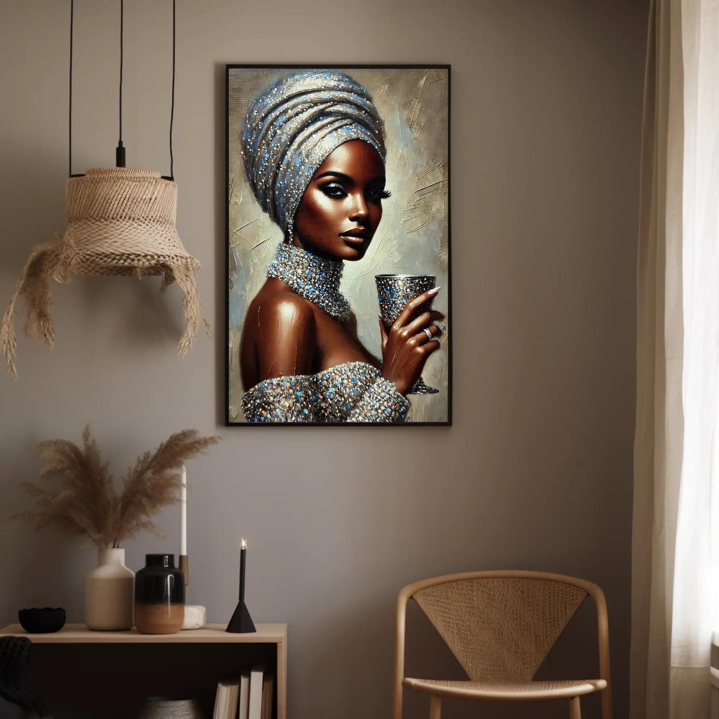 a painting of a woman in a turban holding a cup
