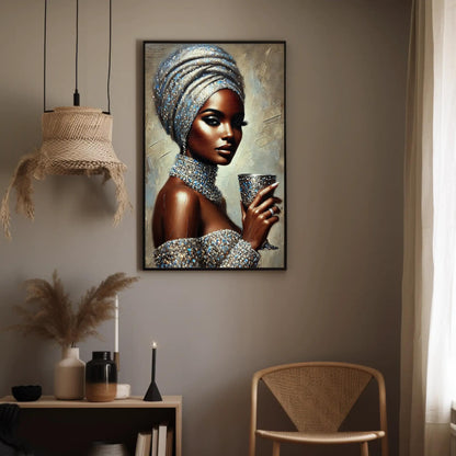 a painting of a woman in a turban holding a cup