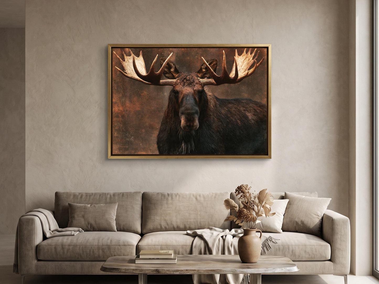 a large framed picture of a moose with its distinctive antlers, hanging on a wall above a beige sofa in a living room setting.
