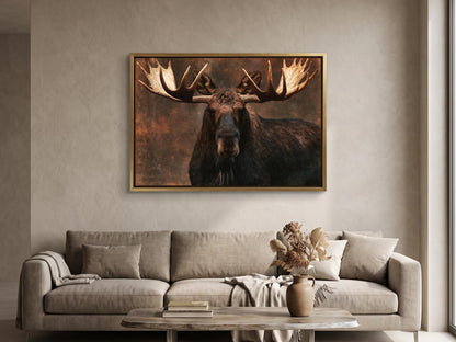 a large framed picture of a moose with its distinctive antlers, hanging on a wall above a beige sofa in a living room setting.