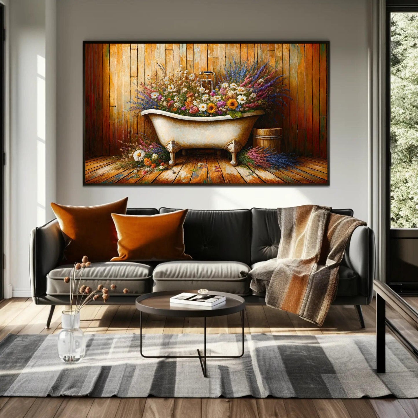 Farmhouse Bathroom , Rustic Floral Bathtub canvas wall art shown in a bathroom (view 6)