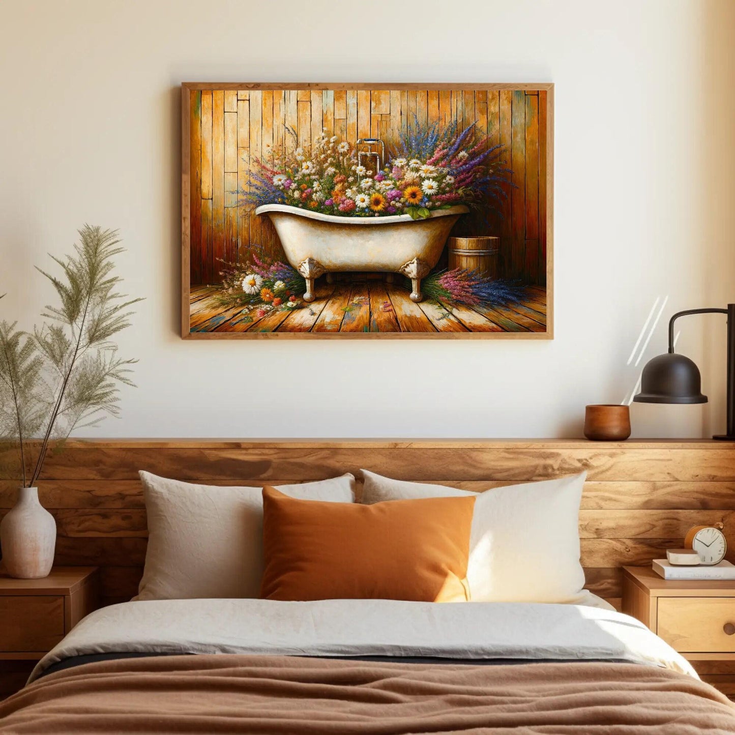 Farmhouse Bathroom , Rustic Floral Bathtub canvas wall art shown in a bathroom (view 3)