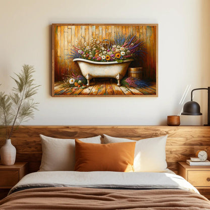 Farmhouse Bathroom , Rustic Floral Bathtub canvas wall art shown in a bathroom (view 3)