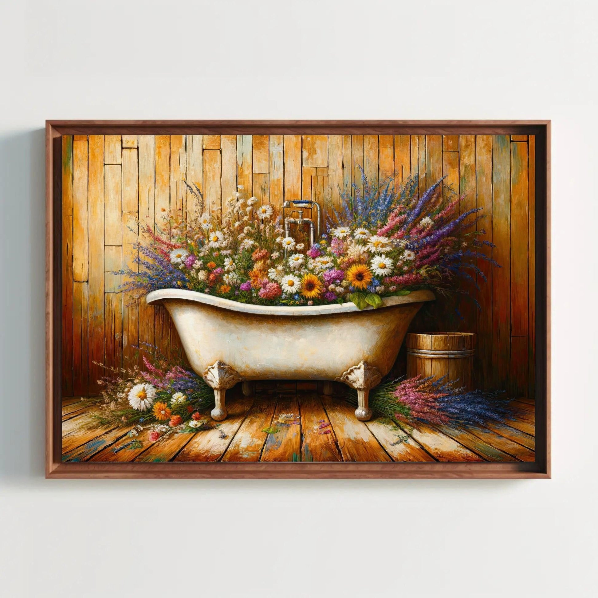 Farmhouse Bathroom , Rustic Floral Bathtub canvas wall art shown in a bathroom (view 4)