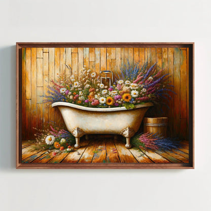 Farmhouse Bathroom , Rustic Floral Bathtub canvas wall art shown in a bathroom (view 4)