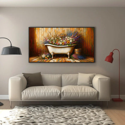 Farmhouse Bathroom , Rustic Floral Bathtub canvas wall art shown in a bathroom (view 8)