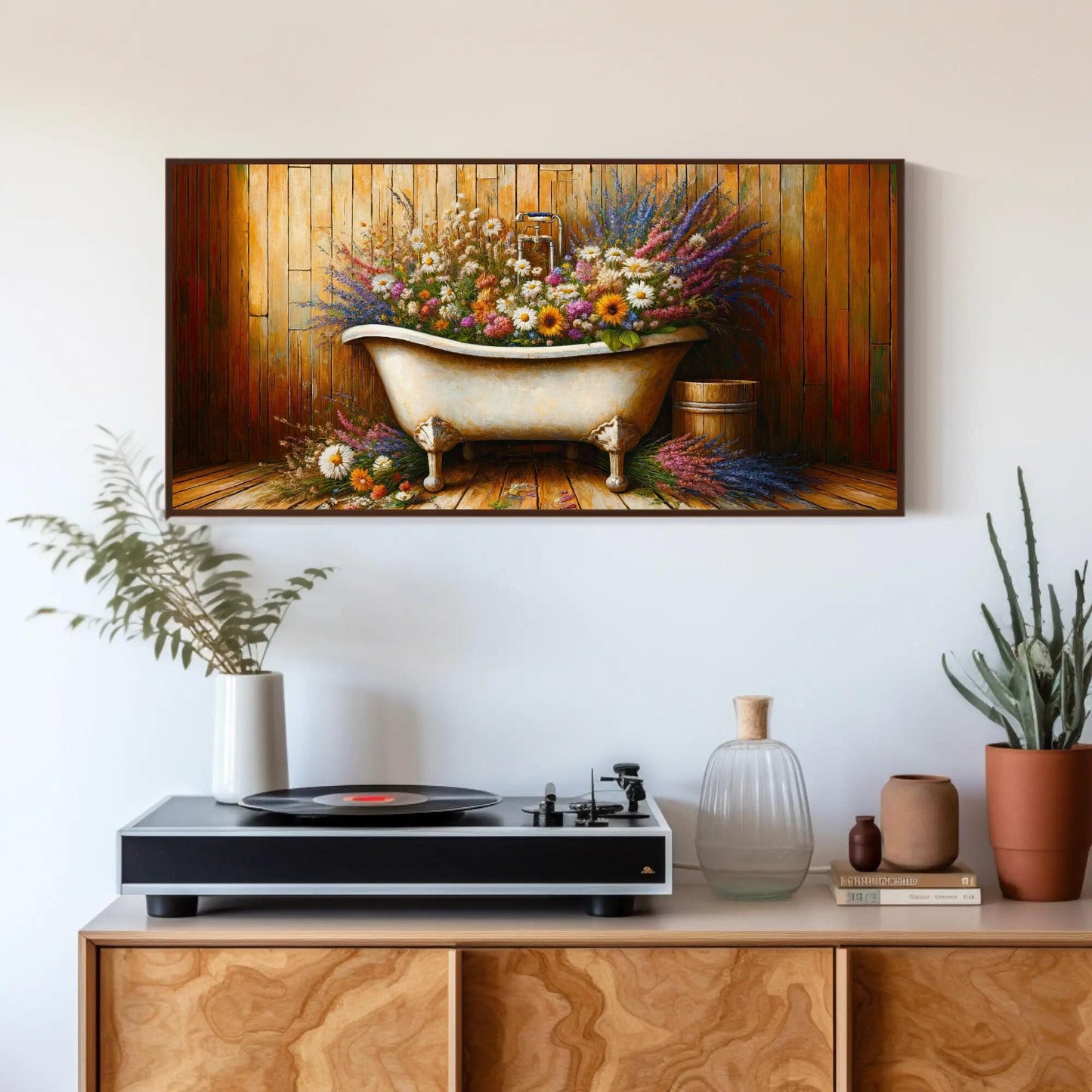Farmhouse Bathroom , Rustic Floral Bathtub canvas wall art shown in a bathroom (view 7)