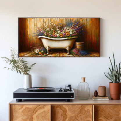 Farmhouse Bathroom , Rustic Floral Bathtub canvas wall art shown in a bathroom (view 7)