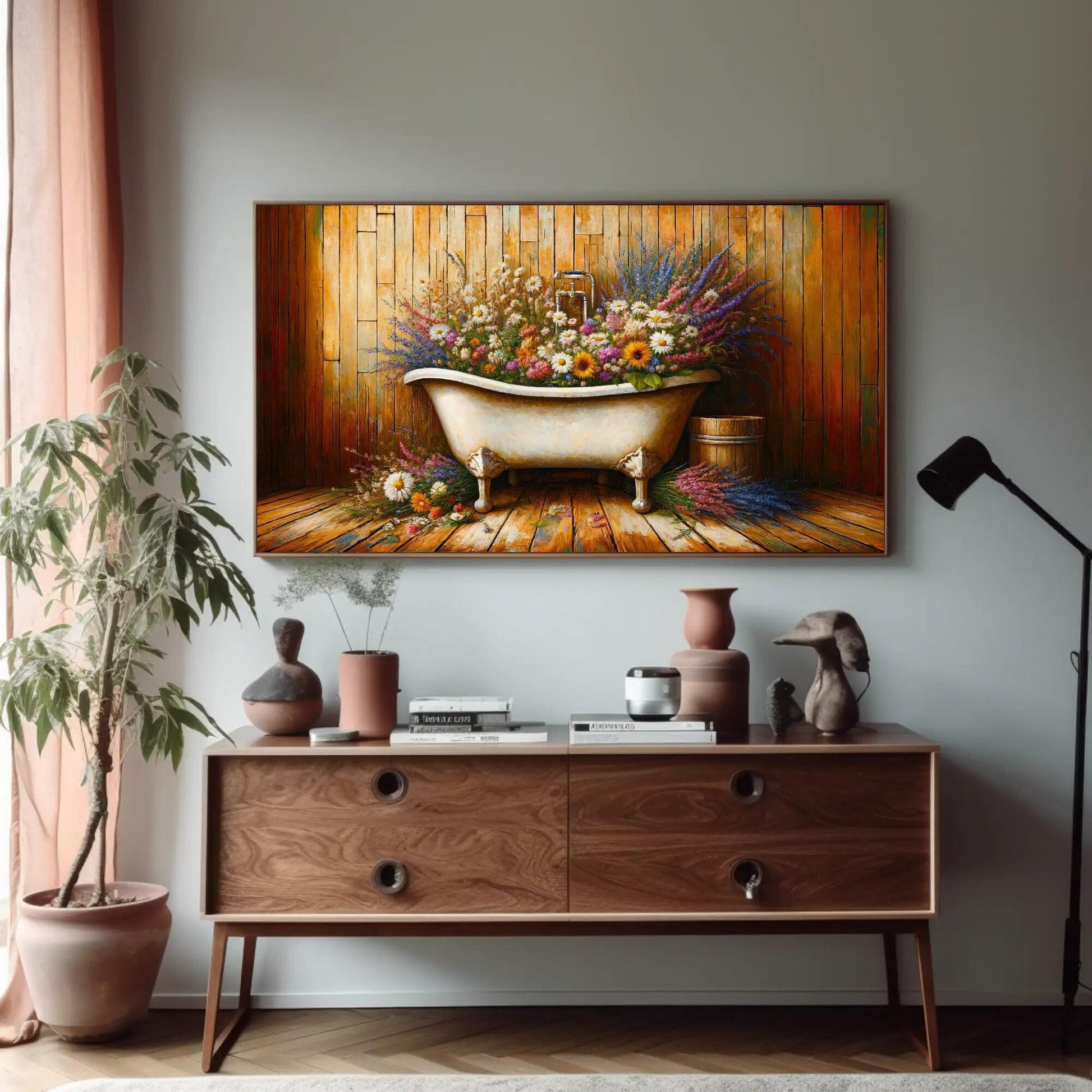 Farmhouse Bathroom , Rustic Floral Bathtub canvas wall art shown in a bathroom (view 2)