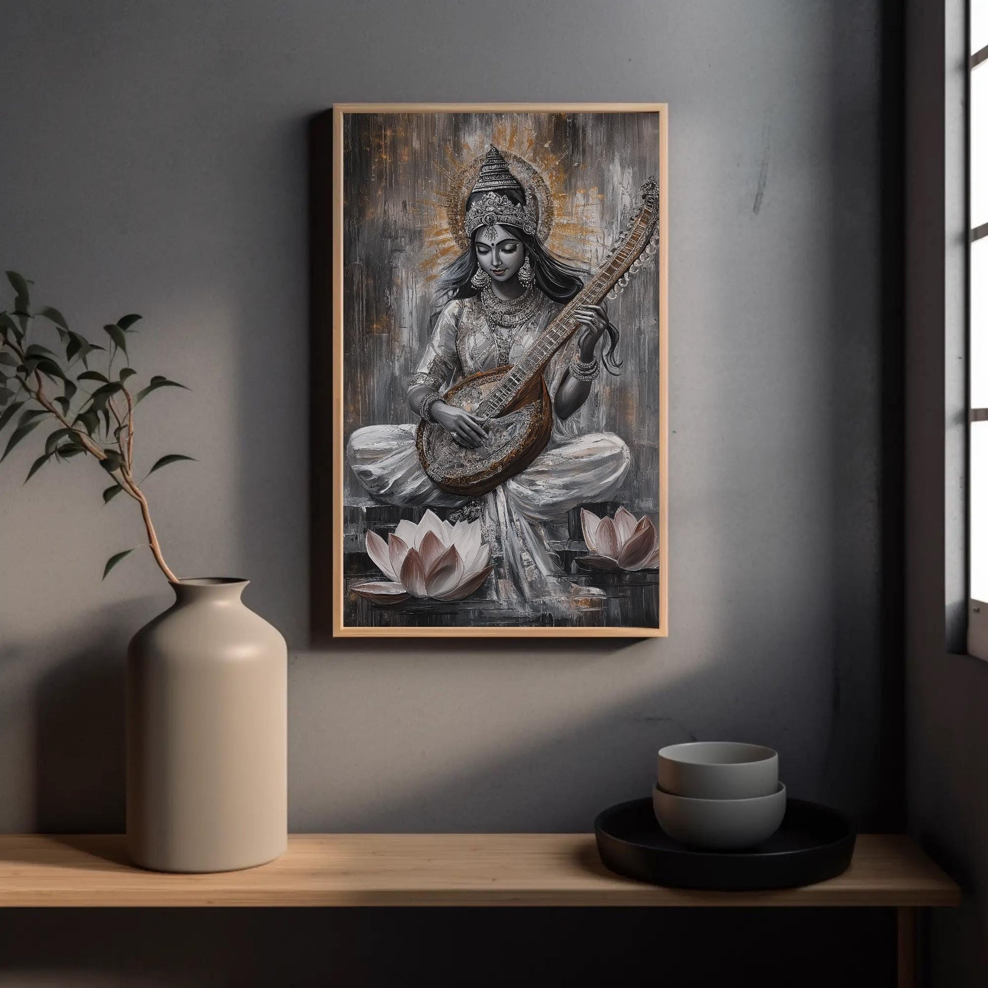 Goddess Saraswati , Hindu Wisdom canvas wall art shown in a styled room (view 3)