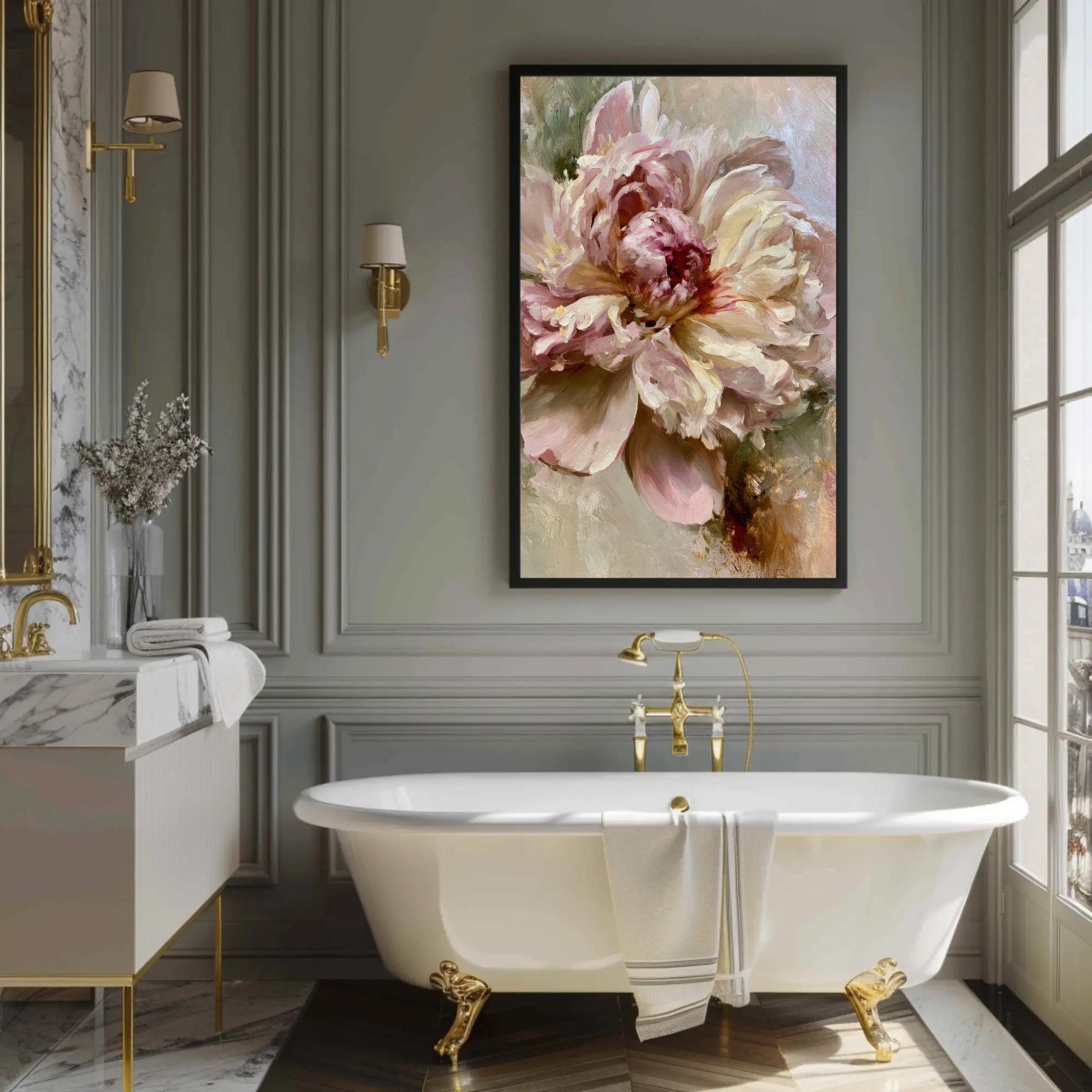 Blush Peony canvas wall art shown in a bathroom