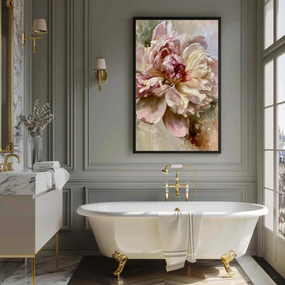 Blush Peony canvas wall art shown in a bathroom