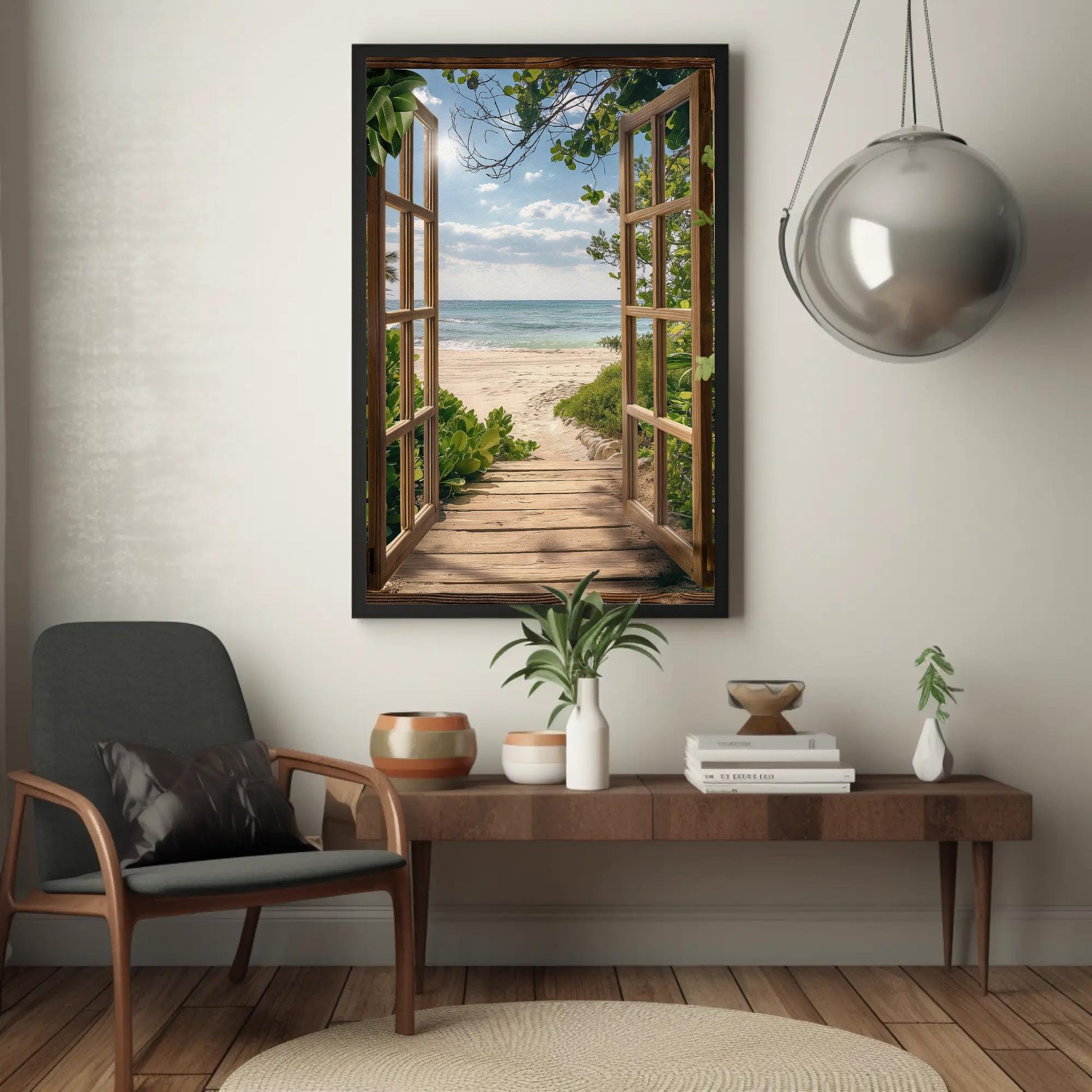 3D Faux Window Beach , Coastal Pathway canvas wall art shown in a styled interior