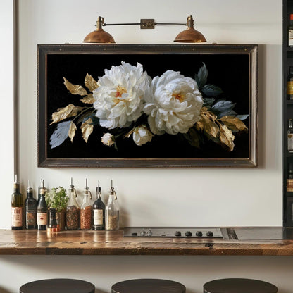 Baroque White Peony canvas wall art shown in a styled room (view 2)