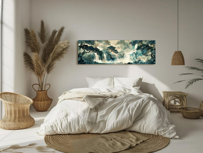 Japanese Waterfall , Ukiyo-e Panoramic canvas wall art shown in a bedroom (view 2)