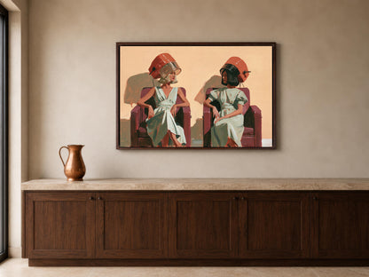 two women sitting in chairs, with one woman wearing a red hat and the other wearing a green hat. The painting is hanging on a wall above a wooden cabinet.